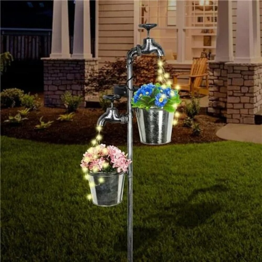 Solar LEDs Faucet with Two Planters, 30" Flowing LED Lights Retro Metal Faucet